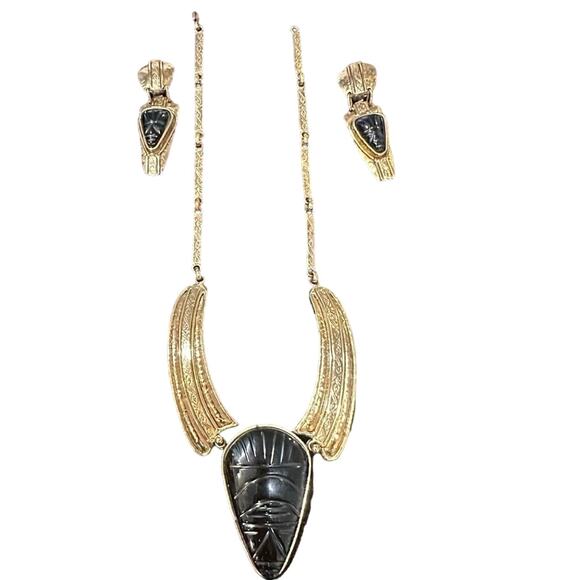 RARE Vintage IXEL Signed Aztec Mexican Necklace & Earrings- Obsidian Protection - Picture 15 of 16